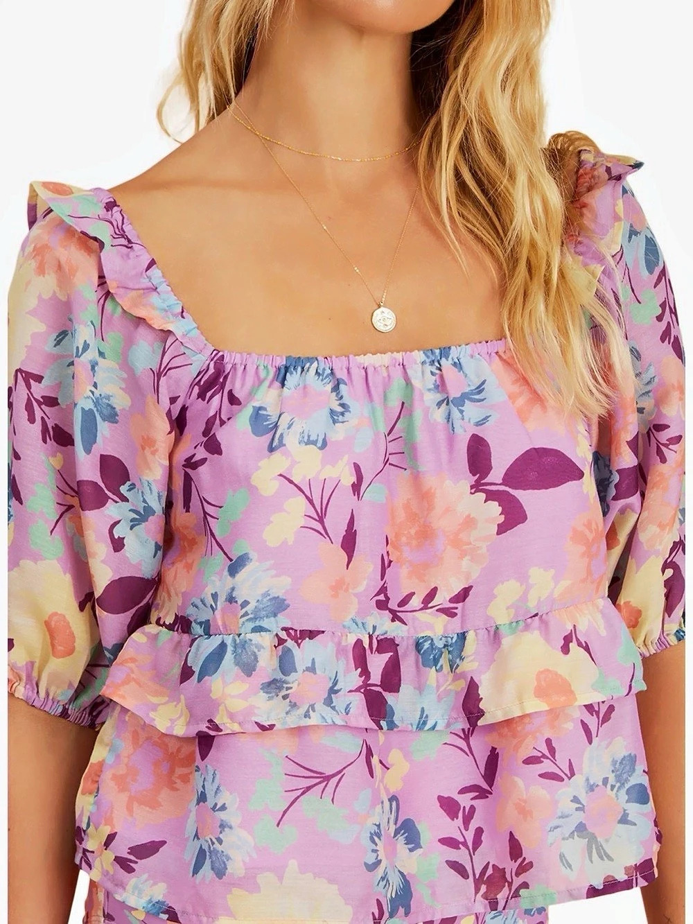 Billabong The Salty Blonde Floral Puff Sleeve Blouse in Purple & Pink Medium NWT